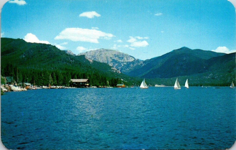 1950s Sailboats at Yacht Club Grand Lake & Mt. Baldy Colorado Vintage Postcard