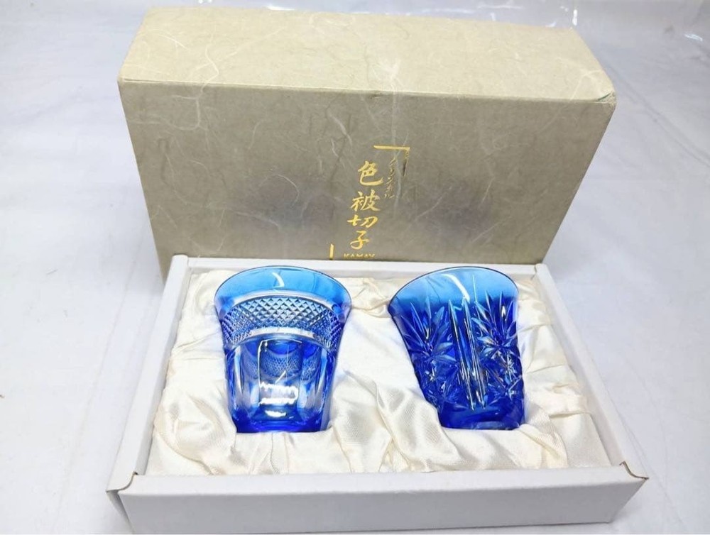 KAMAY Overlay Kiriko Crystal Guinomi Sake Cup Pair Set of 2 Japan Blue Tableware