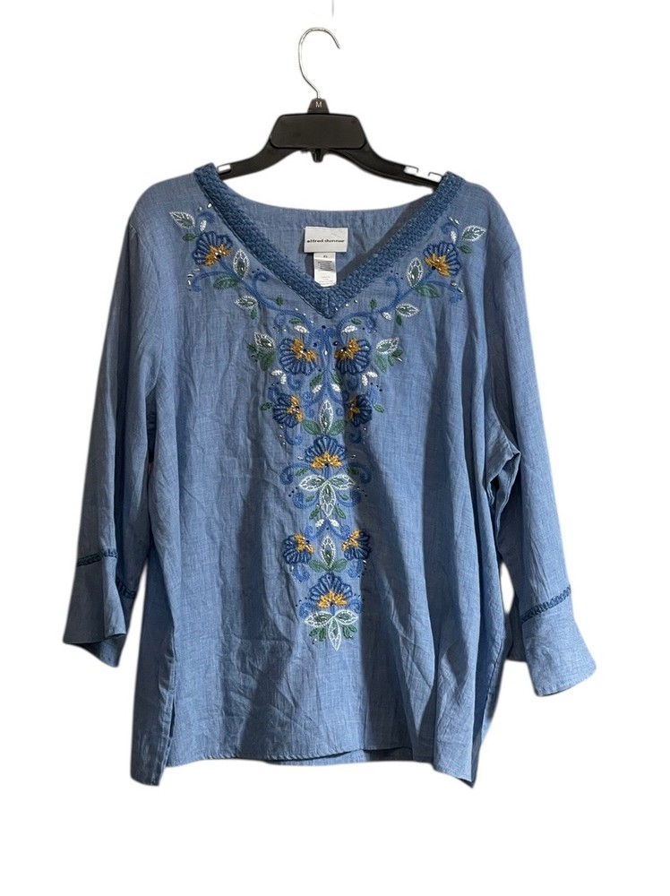 Alfred Dunner Sz XL Blue Floral Embroidered Embellished Tunic Top Boho Relaxed
