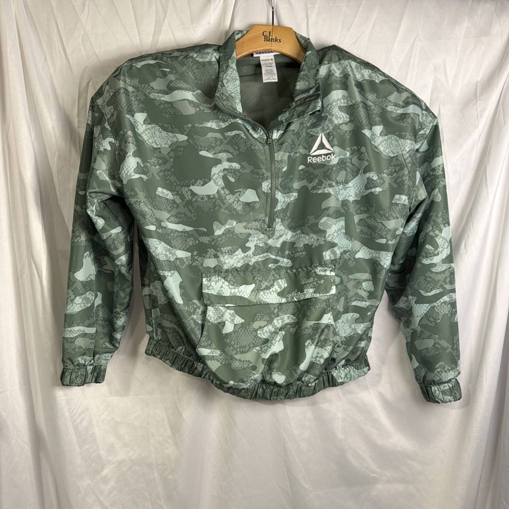 Reebok Jacket Womens Size Medium 1/2 Zip Green Camo Pullover Windbreaker