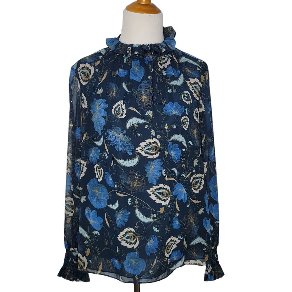 Tuckernuck Nouveau Floral Sadie Blouse Ruffle High Neck Blue Relaxed Women Small