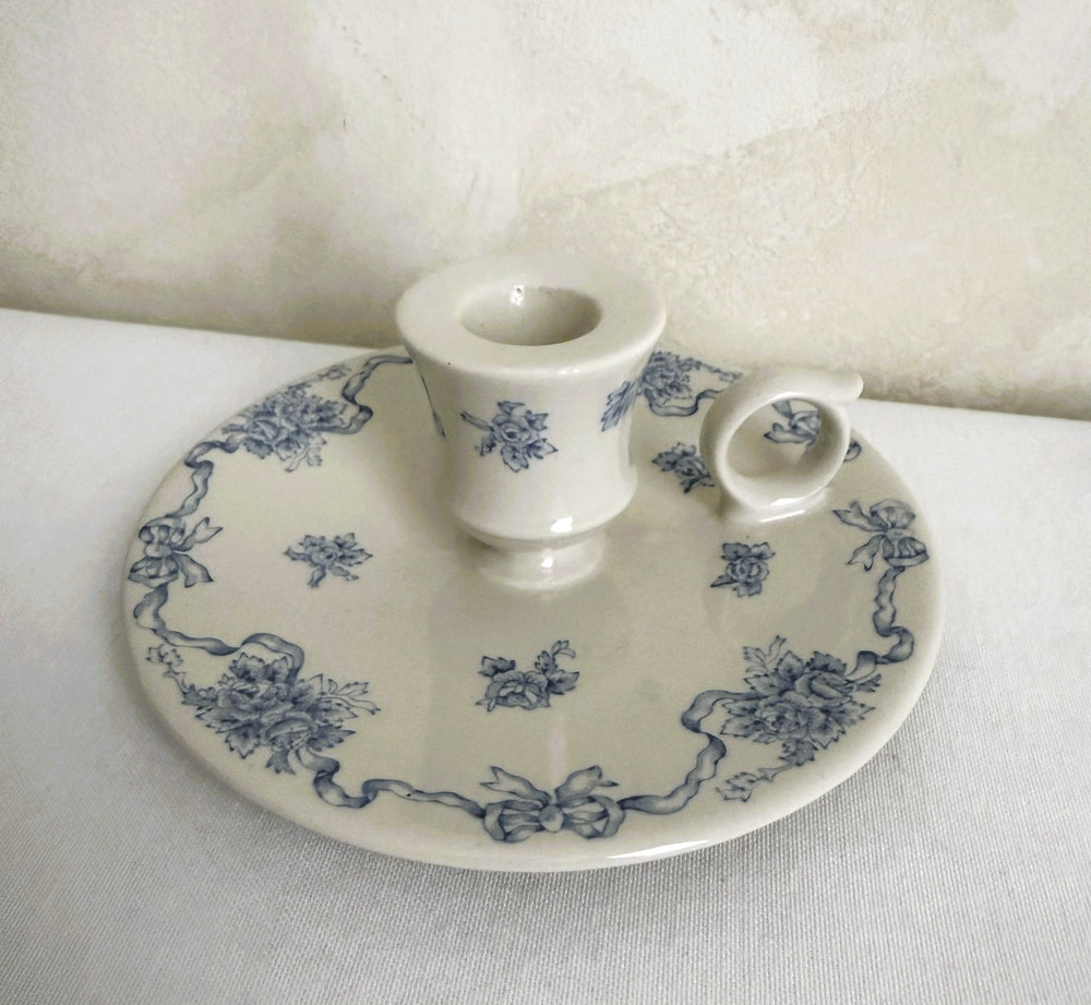 Vintage Laura Ashley Porcelain Chamberstick Candle Holder Ribbons Blue & White