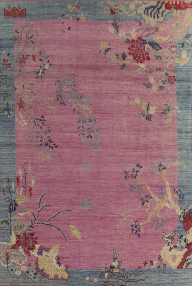 Hand Knotted Oushak Wool Rug Antique Turkish Style Pink Blue Floral Area Rug