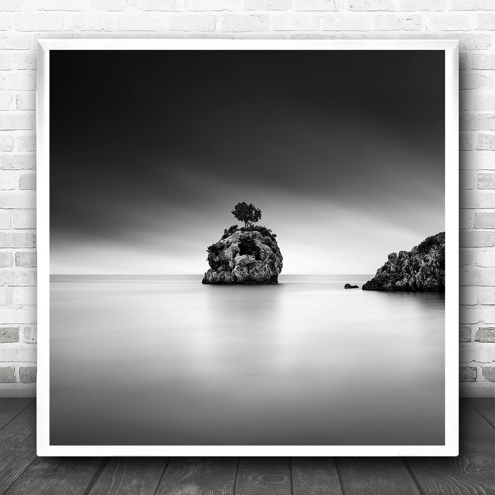 Minimal Seascape Water Peaceful Island Tree Rock Square Wall Art Print