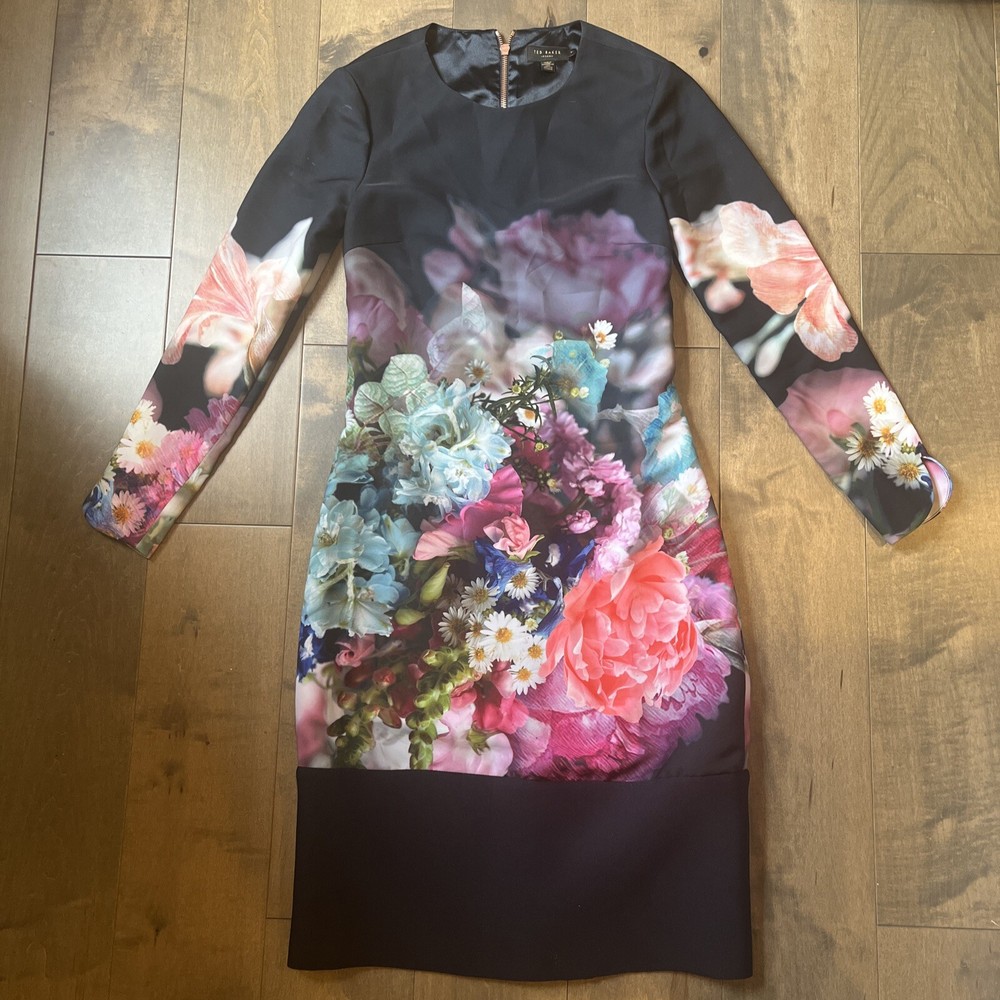 Ted Baker Floral Bouquet Print Knee Length Pencil Dress Party Passover Size XS-1