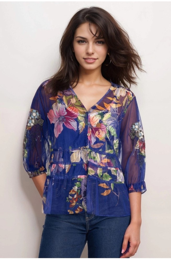 NWT JOHNNY WAS Blouse Mazzy Ruched Mesh Top Size Medium Matching Cami Slip