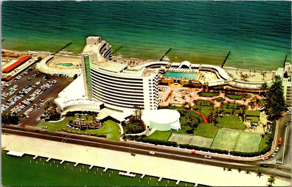 Fontainebleau Hotel Miami Beach FL Aerial View Curteichcolor Vintage Postcard