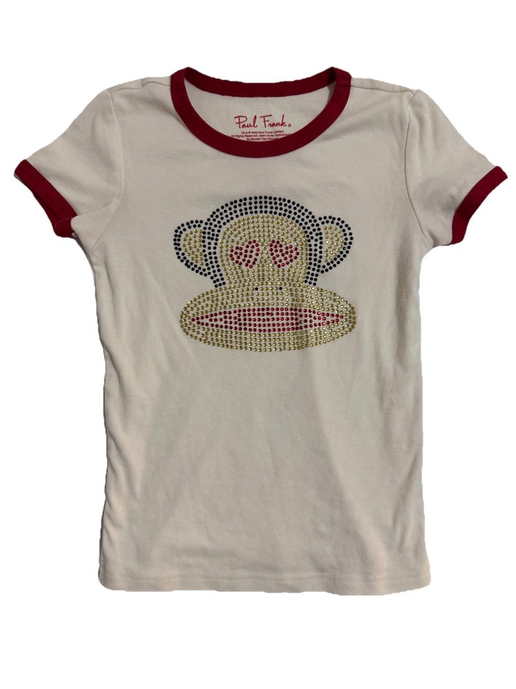 Paul Frank Julius Monkey Rhinestone Ringer Tee Girls Size 11/12 White Red Y2K