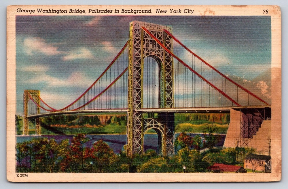 New York City Postcard George Washington Bridge Palisades in Background USA 1950