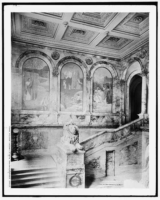 Grand staircase,murals,interiors,Public Library,Boston,Massachusetts,MA,c1901