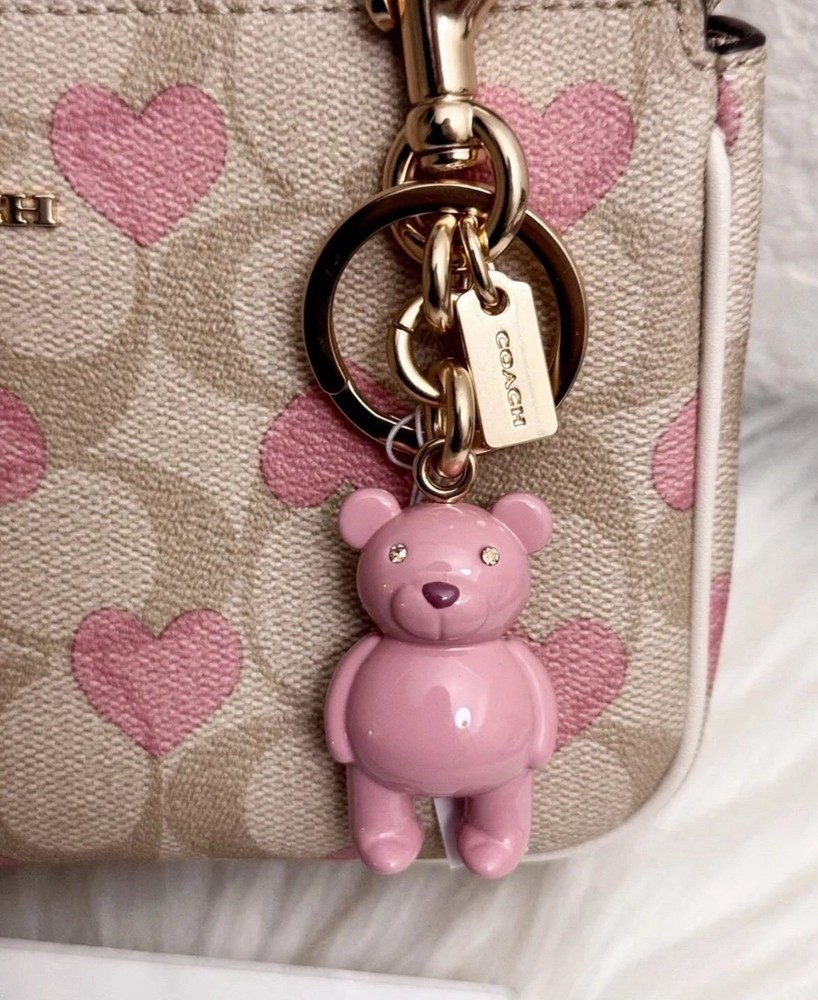 NWT Coach Valentine Teddy Bear Bag Charm Keychain Key Fob Gold Pink CP890