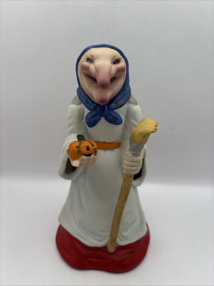 Vintage Ceramic  Witch Hag with Babushka Tea Light Holder Pumpkin Broom