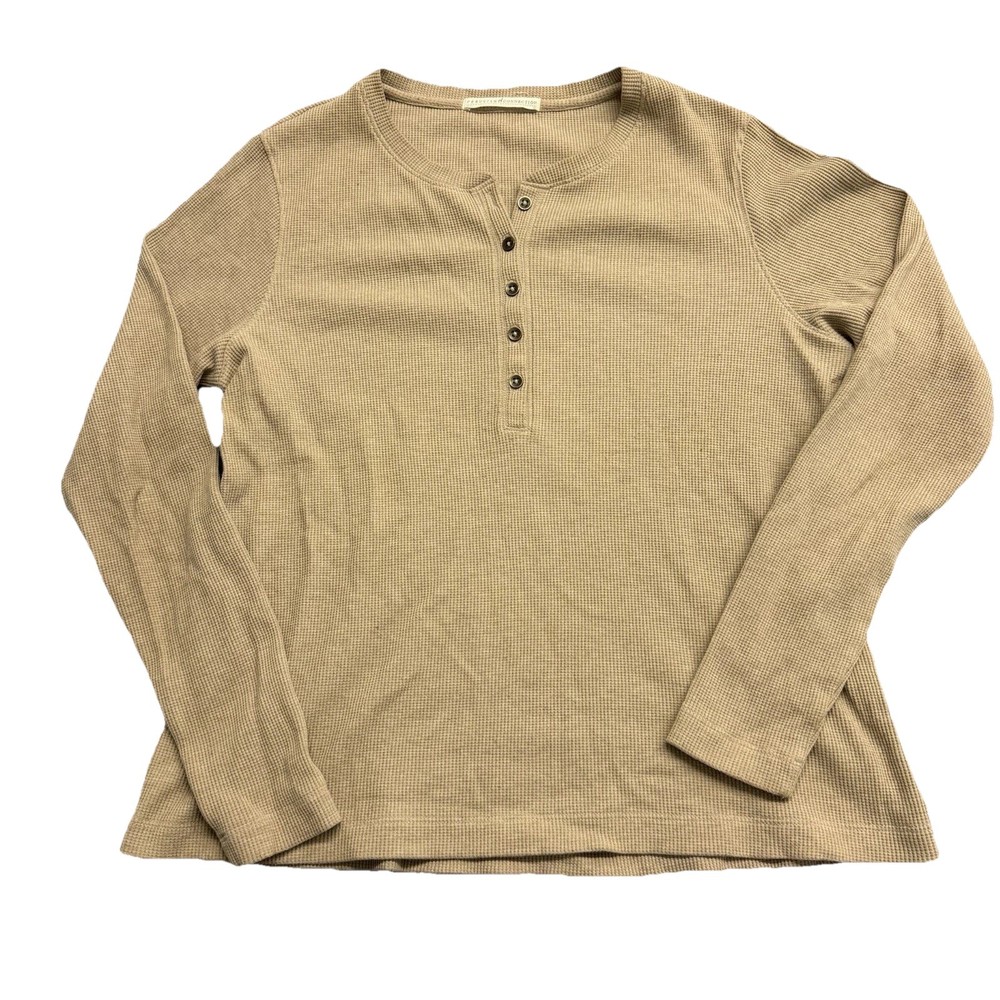Peruvian Collection T-Shirt Womens XL Beige Brown Thermal Long Sleeve Henley