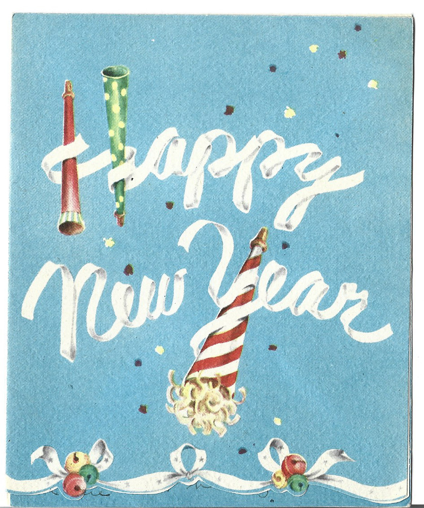 Vtg Christmas CARD 4.5x5.5 Happy New Year Blue Card w/Horns and Jingle Bells