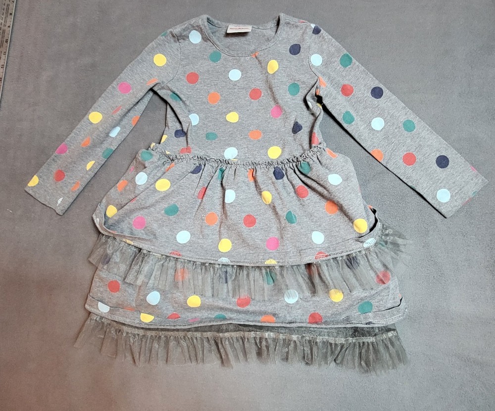 Hanna Andersson Girls Gray Polka Dot Ruffle Dress Kids Size 110 US 5 Cotton