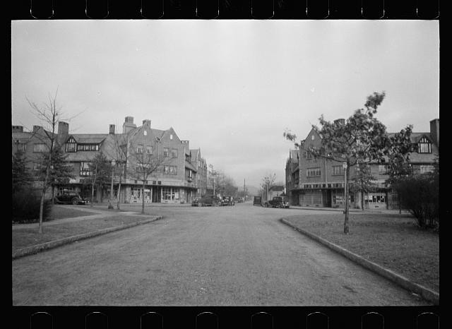 Photo:Unknown City 1930s Street Scene Tudor Revival Buildings Cars