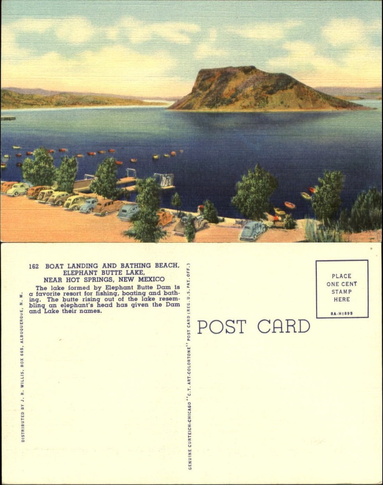 Elephant Butte Lake near Hot Springs New Mexico boat landing beach car 1940s