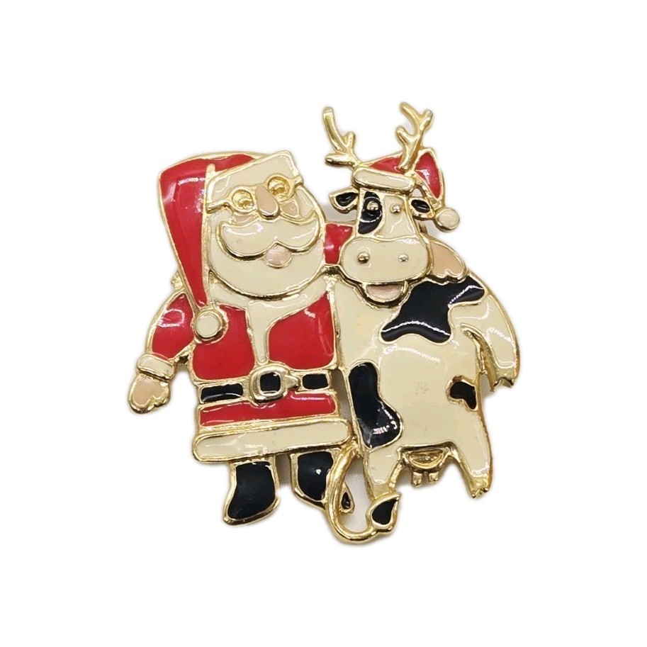 Christmas Santa Claus brooch Cow Farmer Pin Edgar Berebi enamel Gold tone Vtg