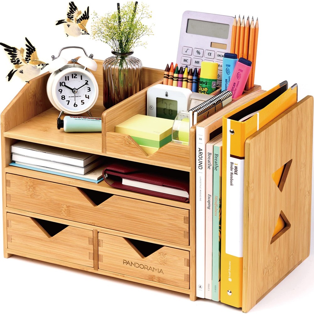 Bamboo Desk Organizer with Adjustable File & Book Holder, Large 4Tier Dektop ...