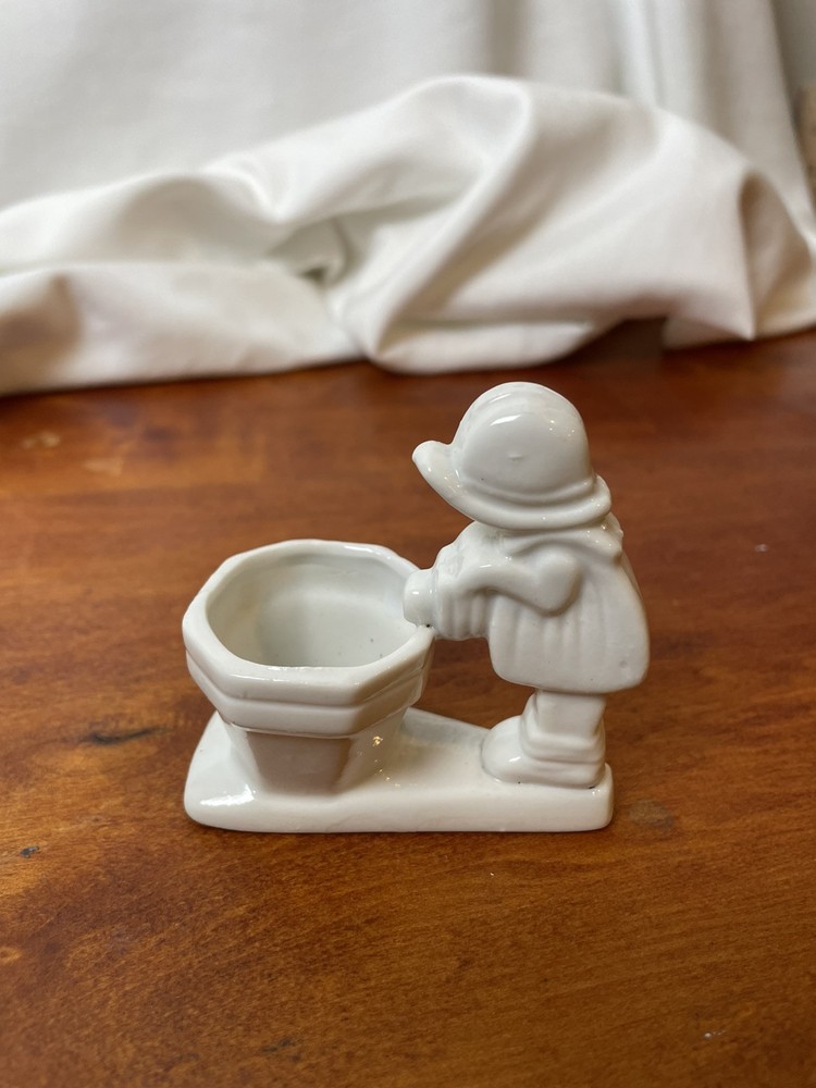 Small White Porcelain Planter, Girl Pouring Water Can Into Flower Pot 2.5”