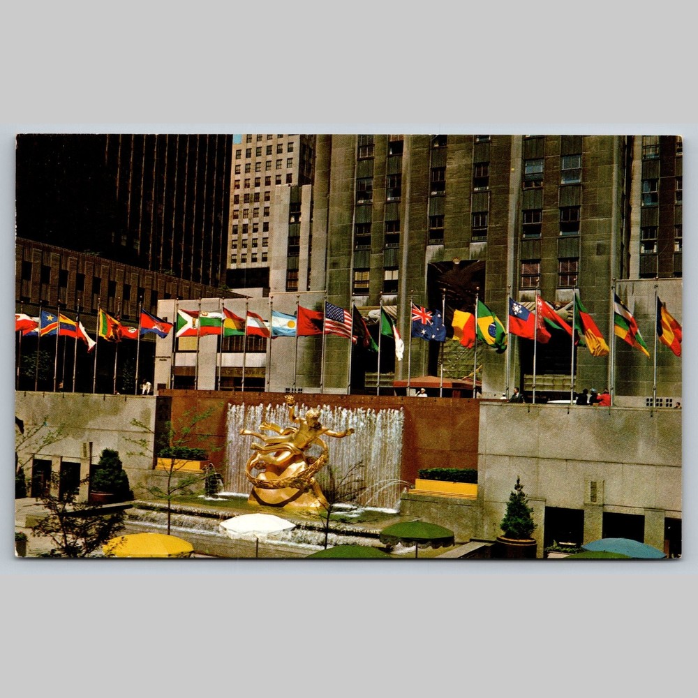 Postcard Prometheus Statue Rockefeller Plaza New York City Flags