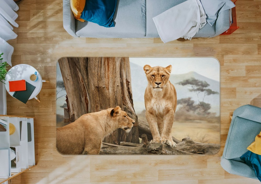 3D Non-Slip Tree Stump Lion Rug Mat Elegant Photo Carpet O743