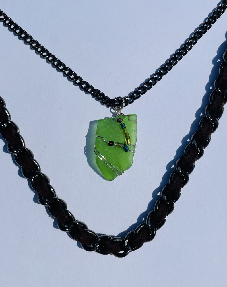 GENUINE Beach Tumbled Green SEA GLASS Double Stranded w/Leather 17