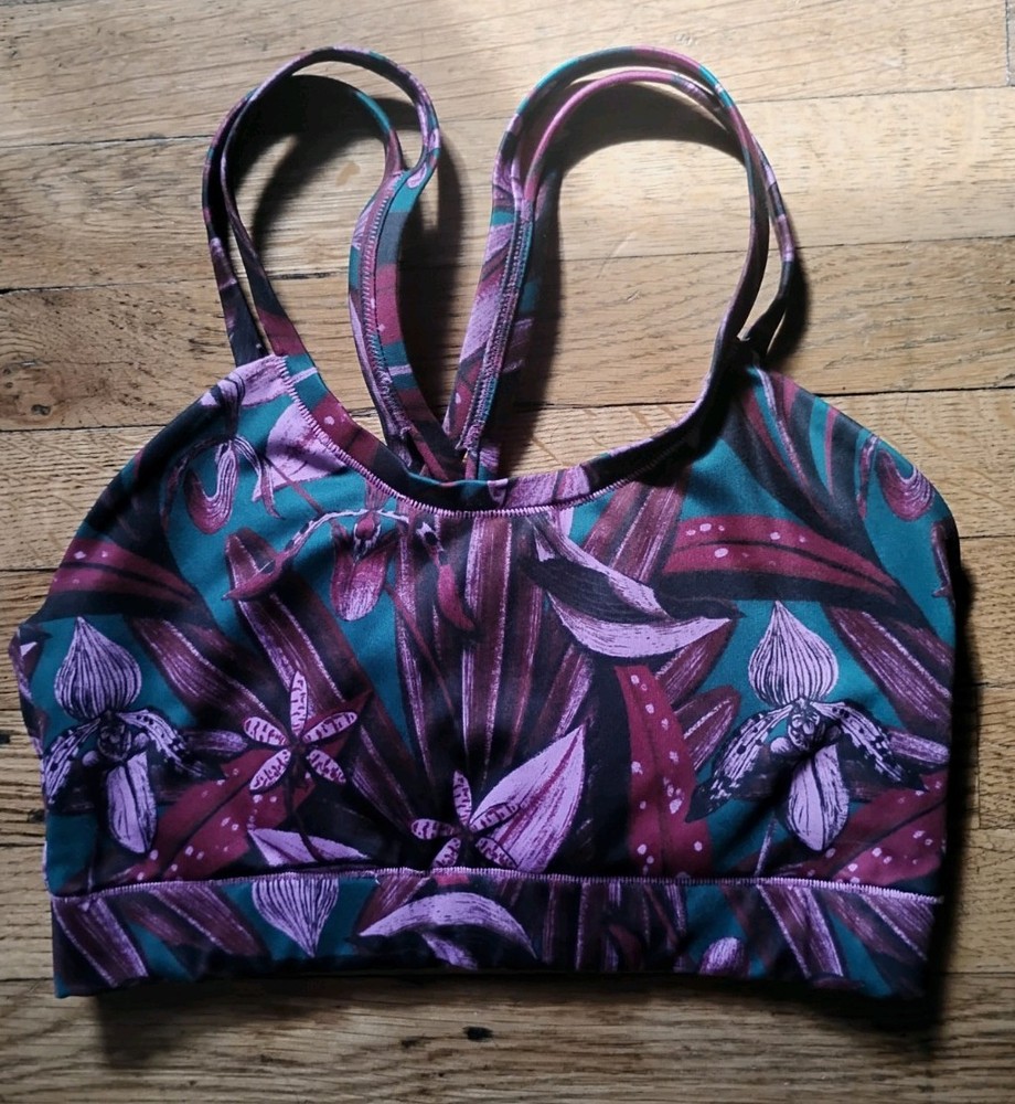 JANJI Pace Sports Bra Women M Orchid Print Strappy Wireless Run Yoga Fitness