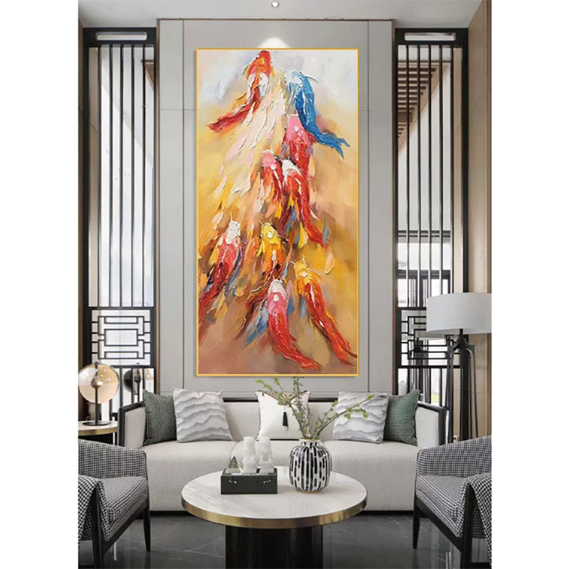 Hand painted Oil Painting on Canvas Abstract Fengshui fish lucky Living Room Red