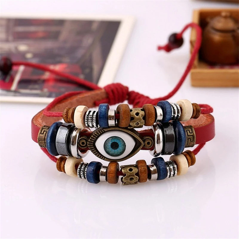 Women Men Handmade Tribal Leather Bracelet Stone Bead Evil Eye Wristband Healing