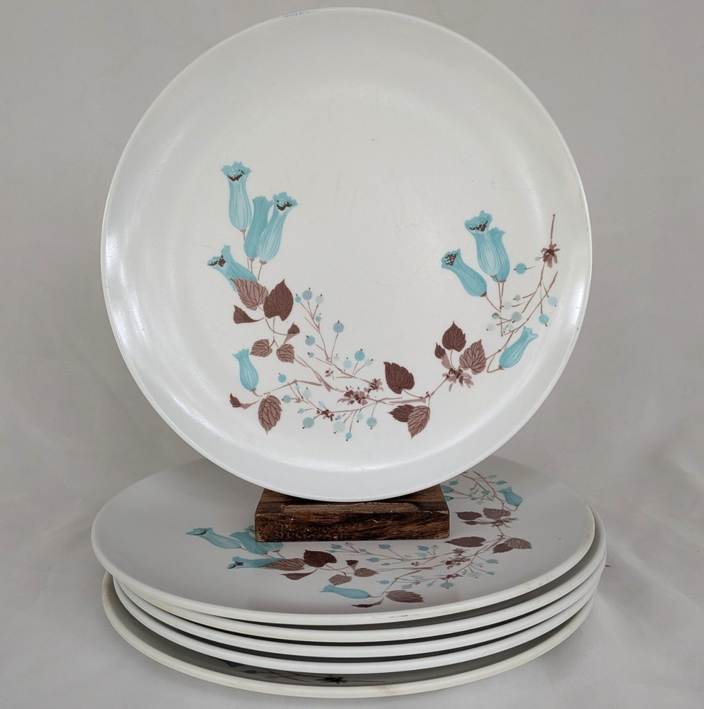 6 Vintage Texas Ware Blue Brown Floral Pattern Dinner Plates Melamine MCM 9 7/8