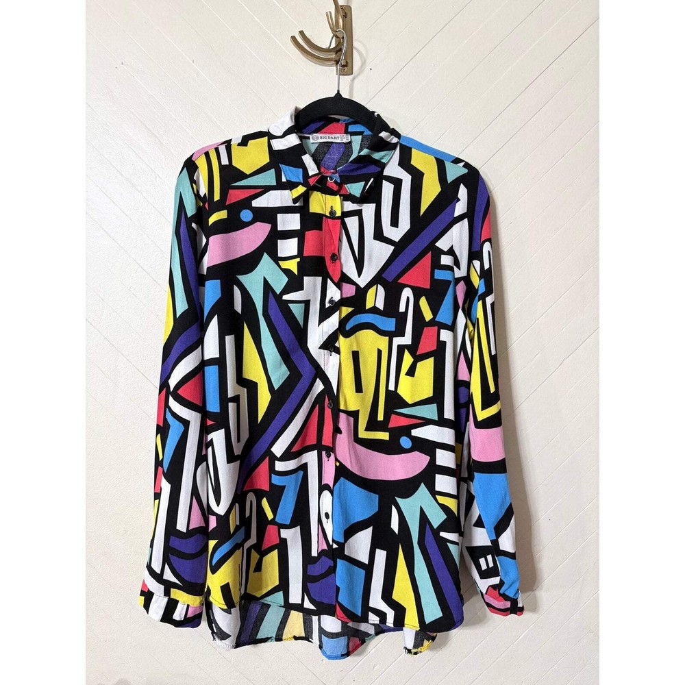 Big Dart Abstract Art Multi-Colored Graphic Button Up Blouse Women's Size Lrg-image