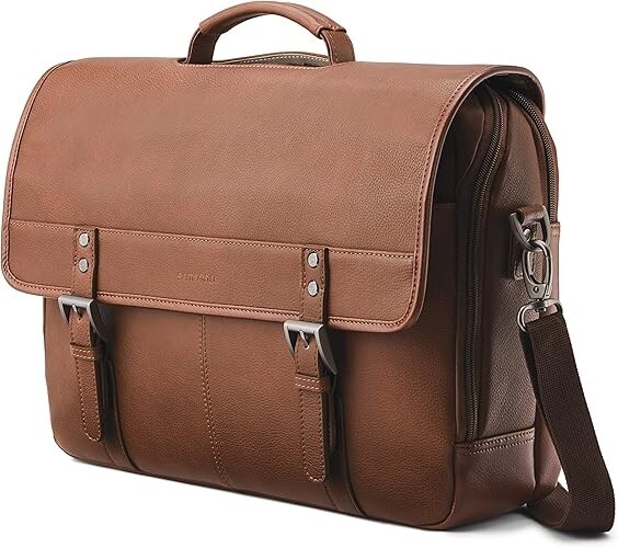 Samsonite Cognac Leather Work Briefcase Flapover Classic Business Bag Retail $240