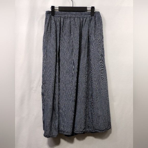 Womens 100% Linen Pin Stripped Midi Skirt Size S Blue Boho Retro 90s Minimalist