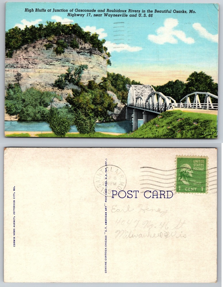 Waynesville Missouri Highway Bridge River Bluffs Postcard