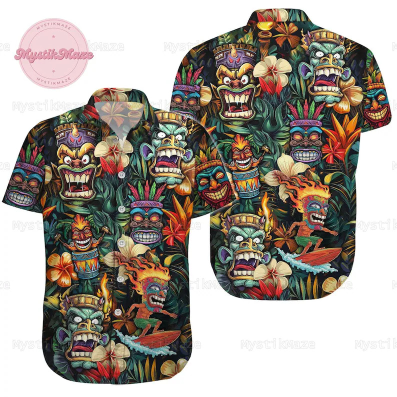 Tiki Hawaii Shirt Button Up Hawaiian Beach Aloha Summer