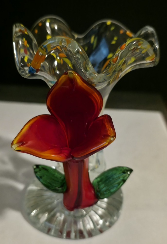 Used Murano Splatter Glass Flower Vase/Raised Red Flower-Art Decor/Multicolor