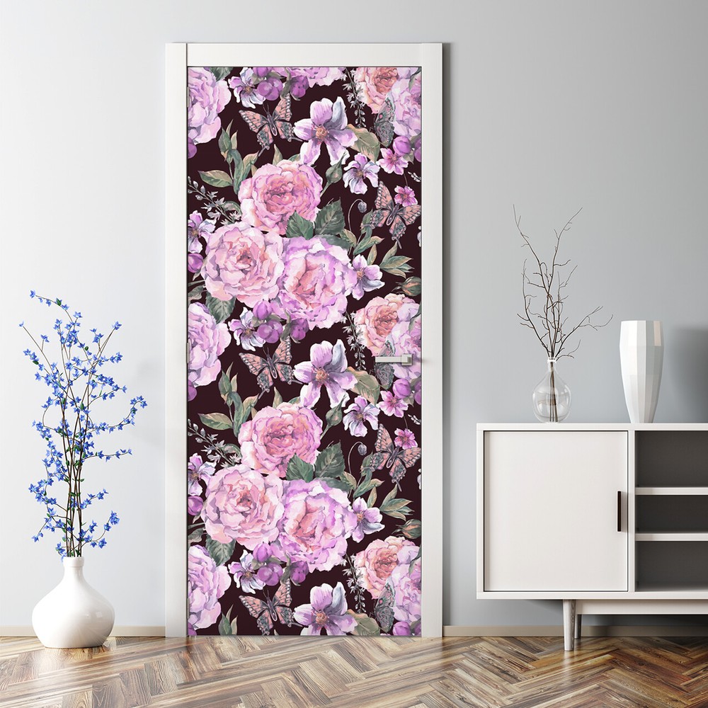 Roses and butterfly Bubble Free Door sticker pink and green Decal Decor photo