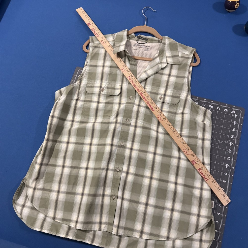 Eddie Bauer Women’s Mountain Shirt Size XL Tall Green Plaid Sleeveless Hike Walk