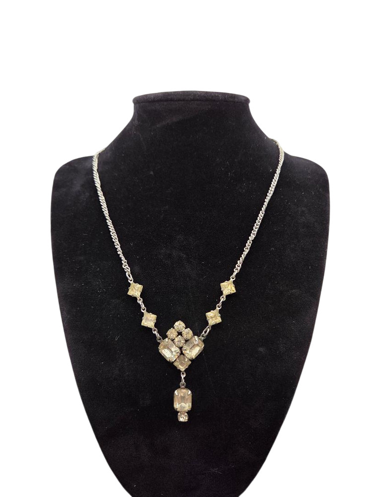 Vintage Art Deco Rhinestone Silver Tone Lavalier Style Necklace