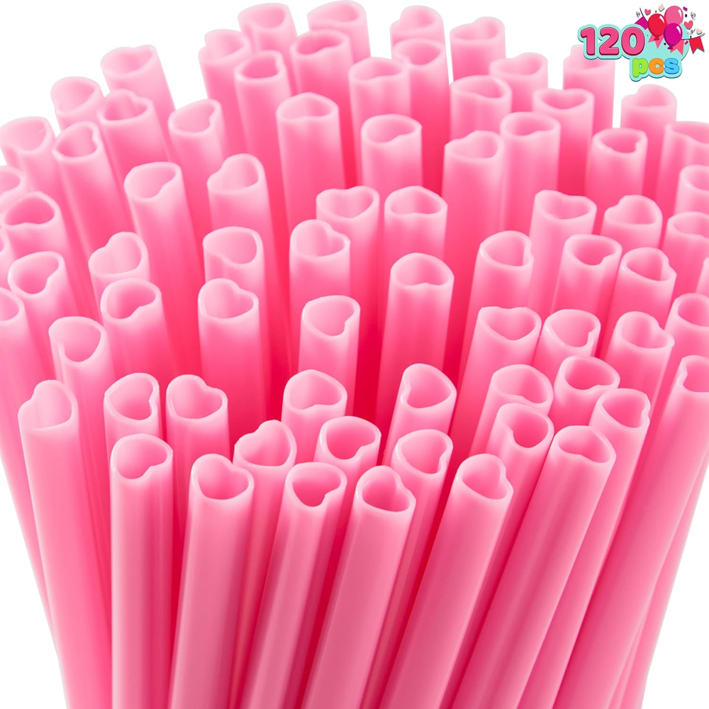 120 PCS Valentine Heart Shaped Pink Straws, Reusable Drinking Cute Straw for Val