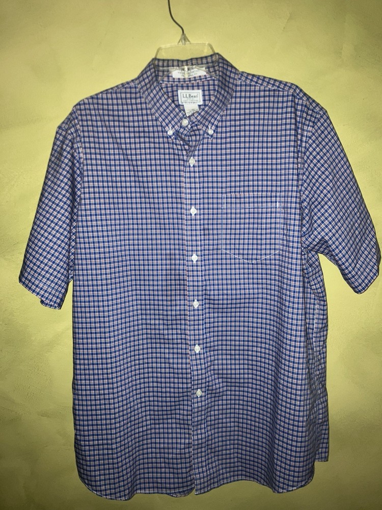L.L.Bean Men's L Regular Blue Red White Plaid Woven Cotton Button-Down Shirt