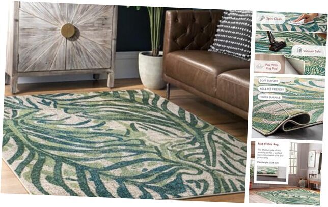 Cali Abstract Leaves Green Area Rug 4x6 Rectangular