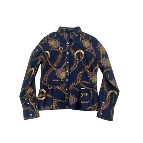Lauren Ralph Lauren Equestrian Print Button Front Blouse Navy Size 8