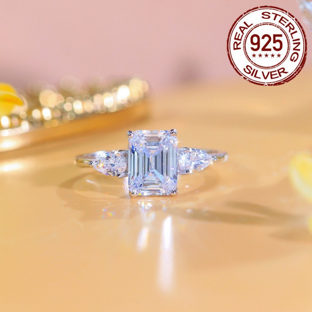 Sparkling Baguette Cut Cubic Zirconia Engagement Ring Sterling Silver Women Gift