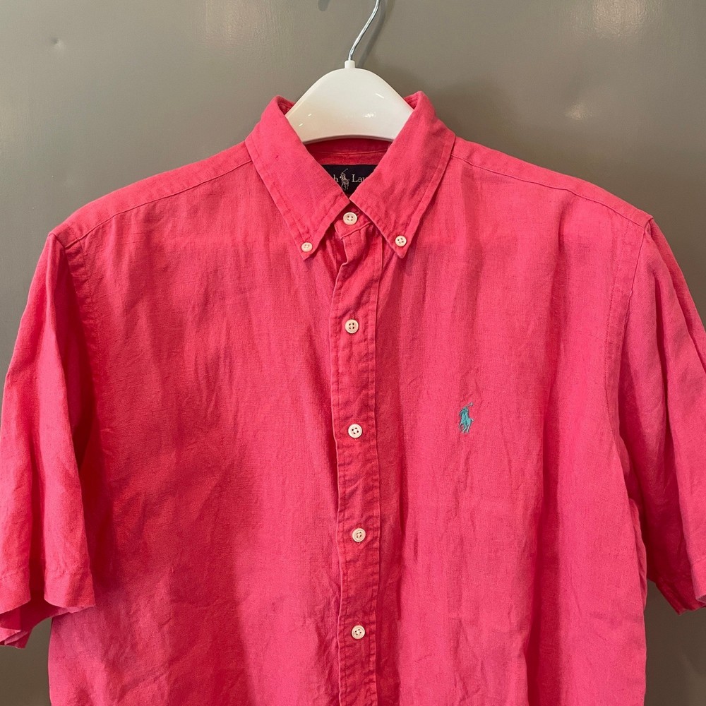 Ralph Lauren Classic Fit Pink Linen Short Sleeve Button Down Shirt Mens Medium