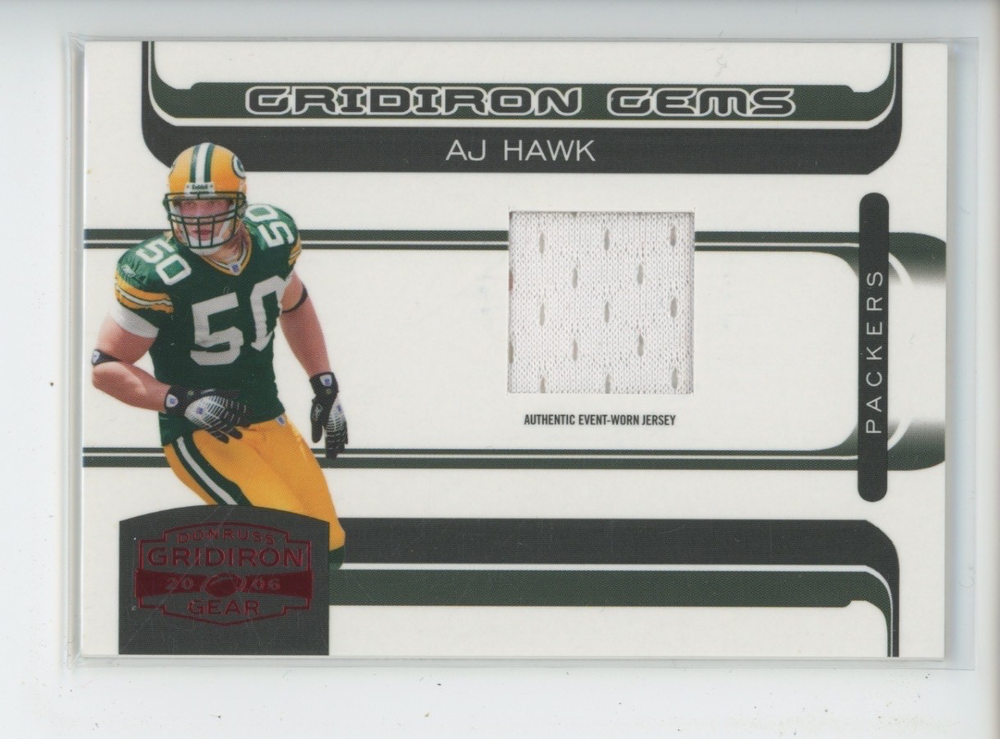 AJ HAWK PATCH RC /50 2006 DONRUSS GRIDIRON KINGS GEMS RED 50/50 = JERSEY # 1/1