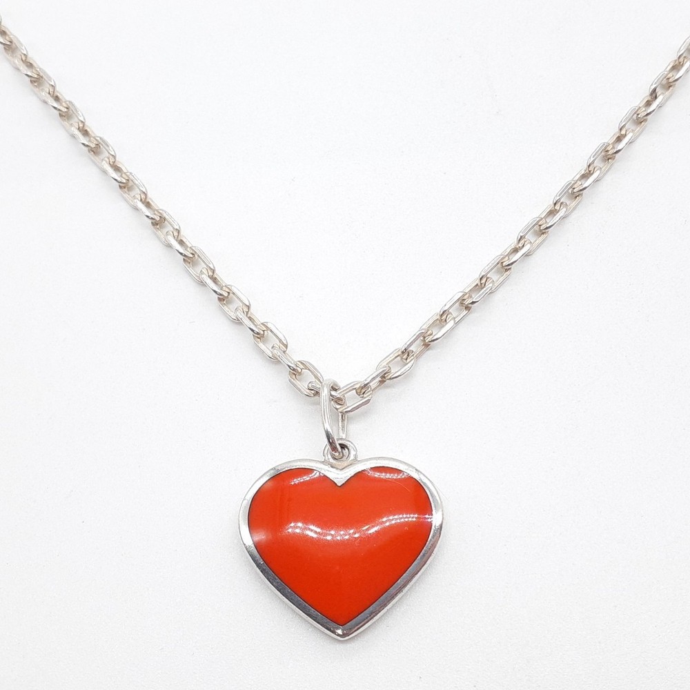 Georg Jensen No.392 Heart Enamel Pendant Necklace Silver 925 Denmark Vintage