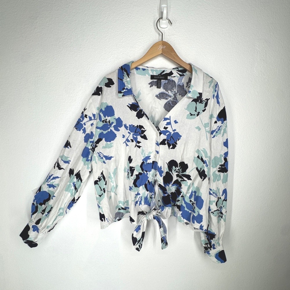 Women Floral Linen Tie Front Button Top Blouse XL Blue Coastal Minimalist Resort