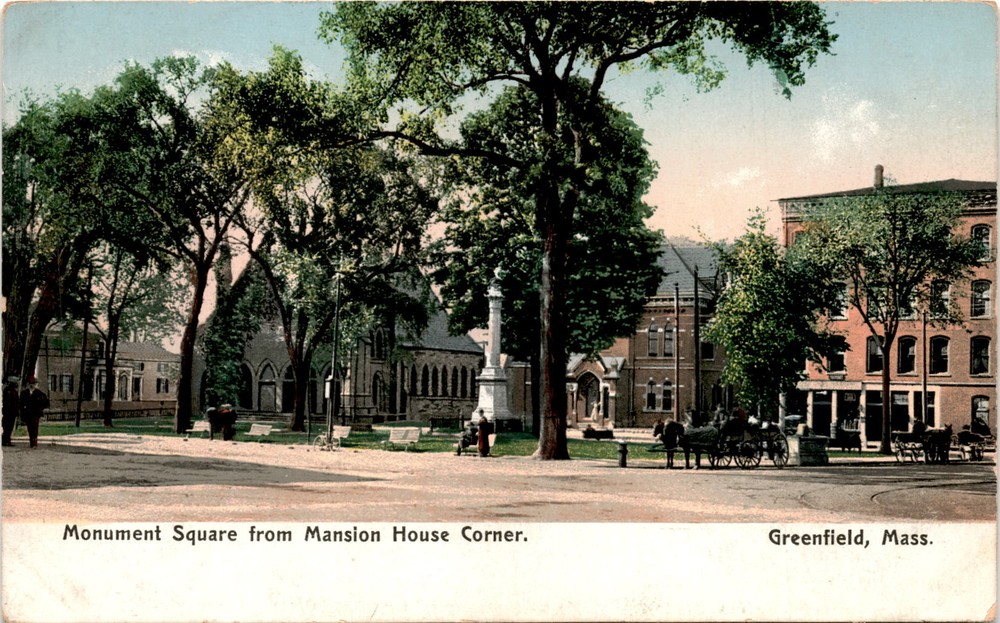 Monument Square, Mansion House Corner, Greenfield, Mass, W. E. Wood, Postcard